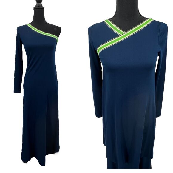 Vintage 70s Dalani II One Shoulder Navy Midi Dress Matching Cape Shrug Modest - Picture 1 of 4